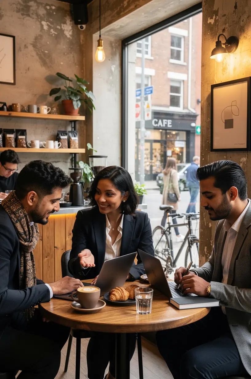 Spotkanie networkingowe w eleganckim wnętrzu, gdzie profesjonaliści wymieniają się wizytówkami i nawiązują kontakty.