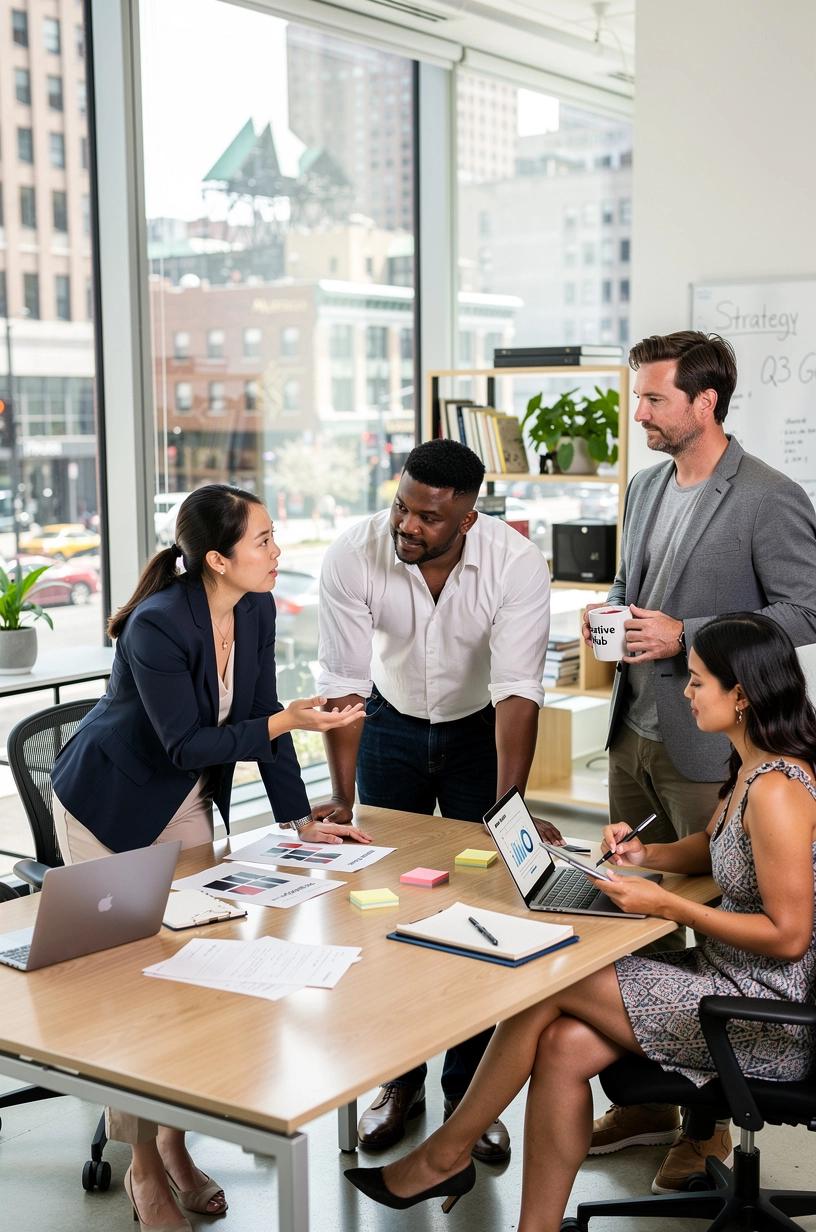 Profesjonalna konsultacja osobistej marki w biurze agencji z uśmiechniętym klientem i doradcą.